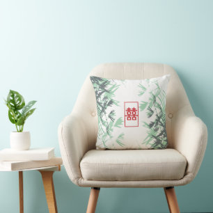 Zen Red Mint Bamboo Verlasse Modernes Double Happy Kissen