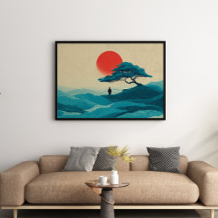 Zen Solitude Red Sun Wall Art Print Poster