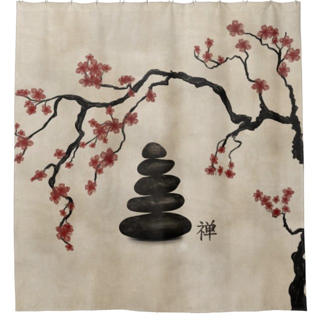Zen Steine Sakura Baum Duschvorhang (Vorderseite)