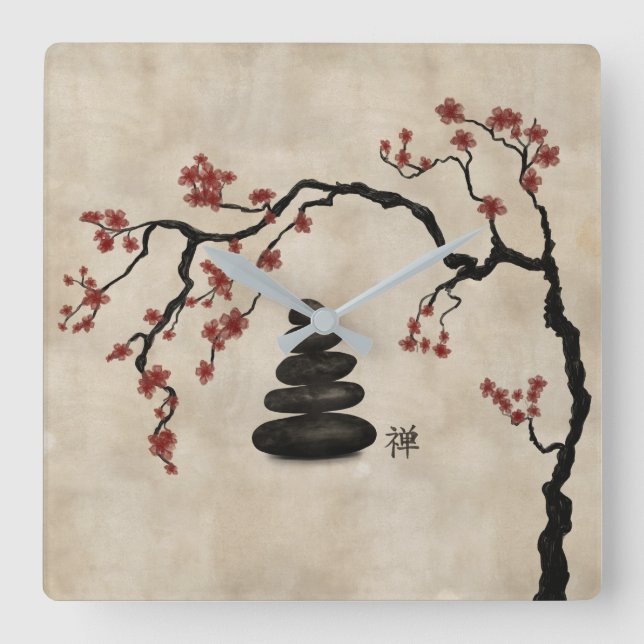 Zen Steine Sakura Baum Quadratische Wanduhr (Vorderseite)