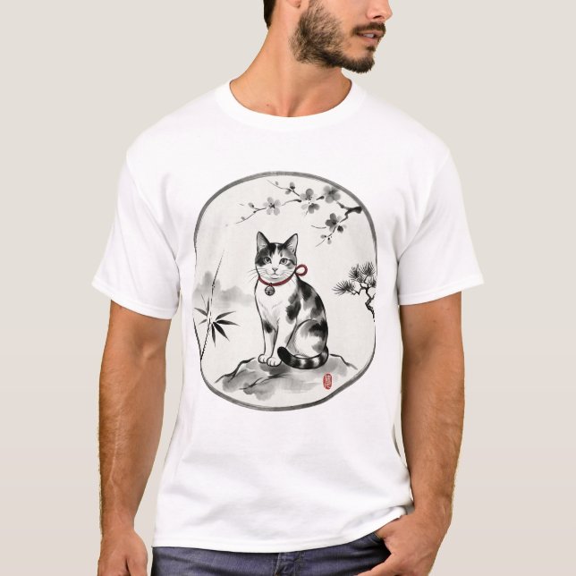 Zen Sumi-e Style Ink Wash Cat Art T-Shirt (Vorderseite)