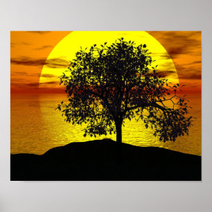 Zen Tree Sunset Orange Yellow Ocean Liebe Friedlic Poster