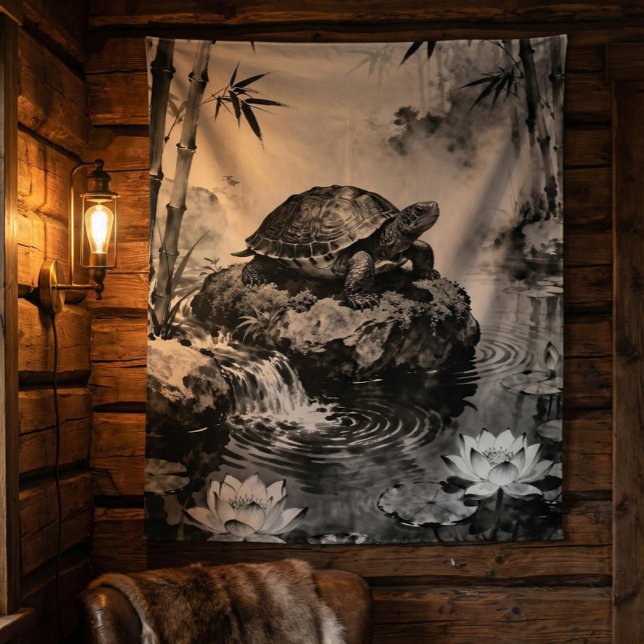 Zen Turtle Tapestry | Lotus Pond Ink Art  Wandteppich (Von Creator hochgeladen)