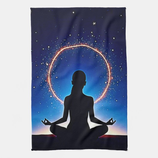 Zen unter Sternen: Kosmische Meditation Geschirrtuch (Vertikal)