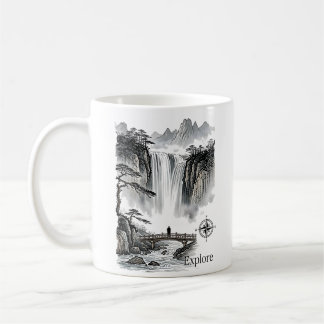 Zen Waterfall Mountain Ink Art Explore Compass Kaffeetasse