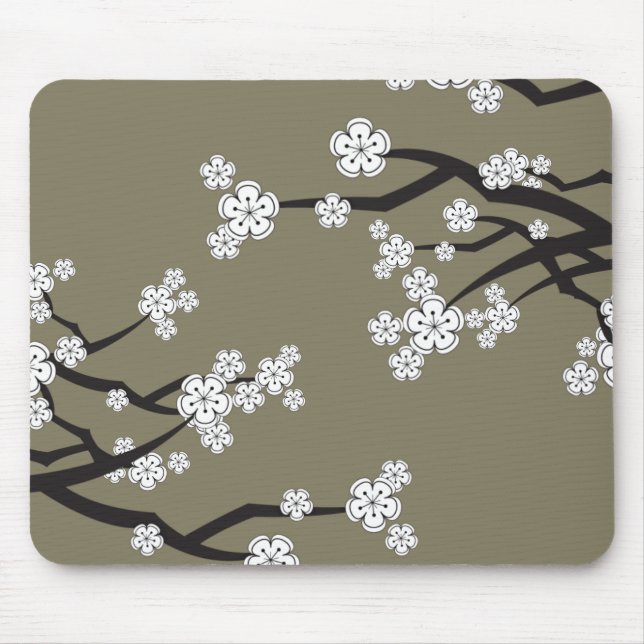Zen White Sakura Cherry Blossom Blume auf Grau Mousepad (Vorne)