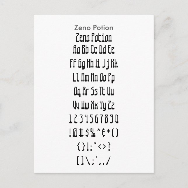 Zeno Potion - Zazzle-Schriftart-Musterblatt Postkarte (Vorderseite)