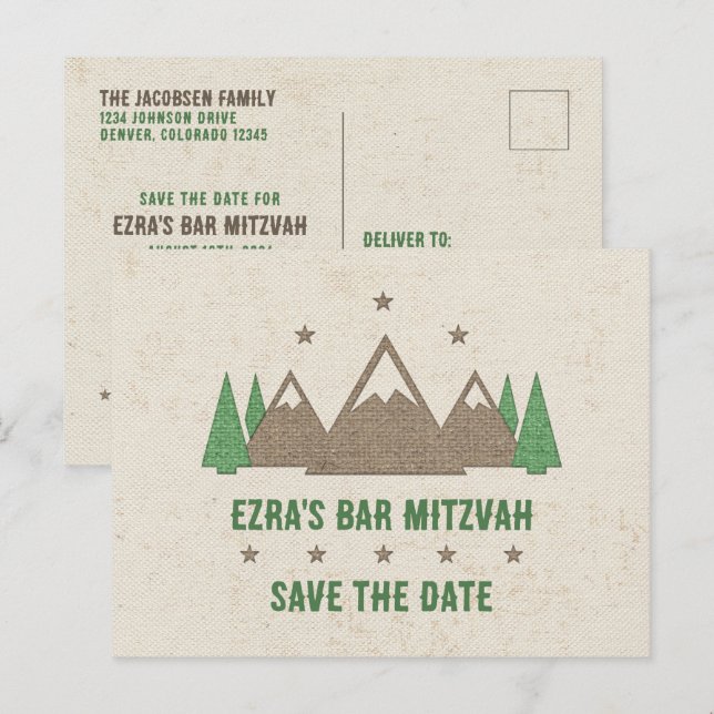 Zent Leinwand Camping Bar Mitzvah Save the Date Postkarte (Vorne/Hinten)