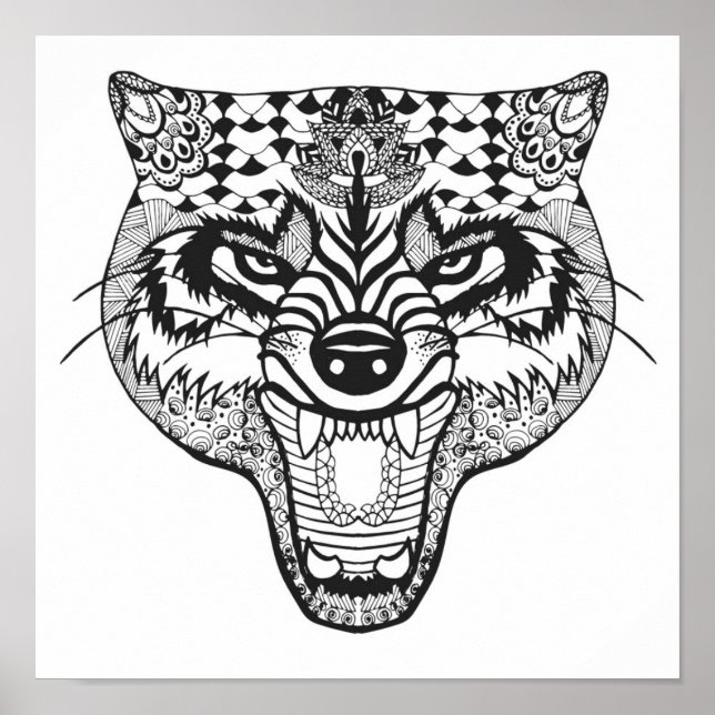Zentangle Inspiriert Wolf Poster (Vorne)