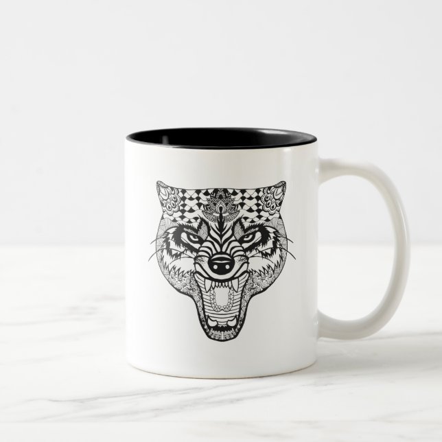Zentangle inspirierte Wolf Zweifarbige Tasse (Rechts)