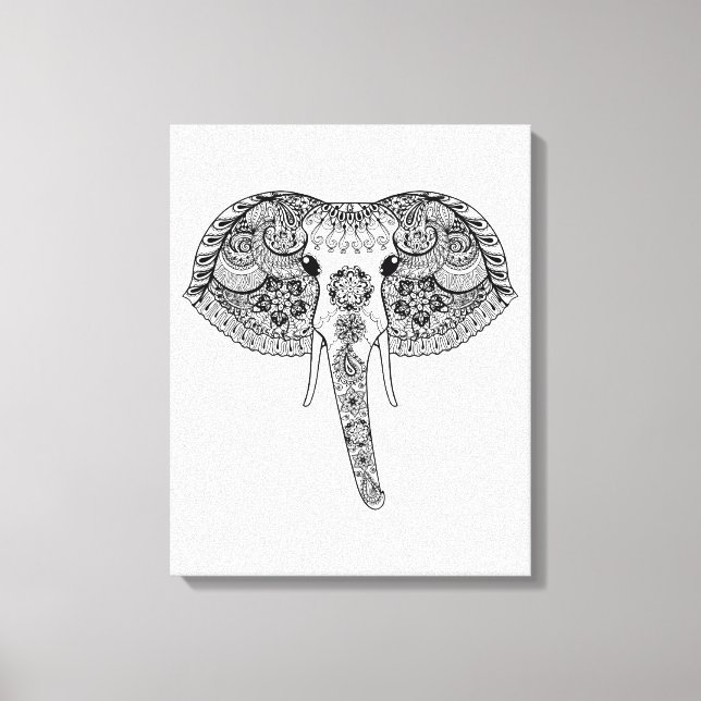 Zentangle Inspirierter indischer Elefant Leinwanddruck (Vorderseite)
