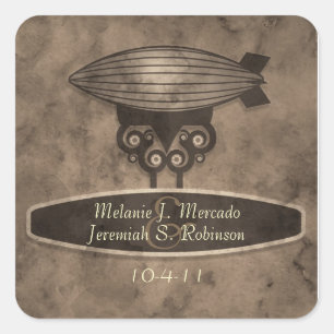 Zeppelin-Steampunk-Hochzeitsaufkleber Quadratischer Aufkleber