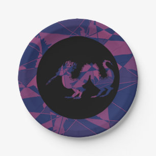 Zerbrochener blauer roter chinesischer Drache Pappteller