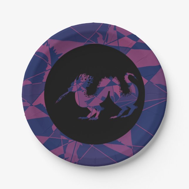 Zerbrochener blauer roter chinesischer Drache Pappteller (Vorderseite)
