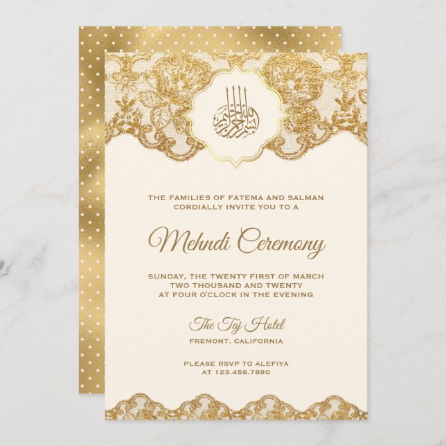 Zeremonie "Cream and Gold Foil Lace Islamic Mehndi Einladung (Vorne/Hinten)
