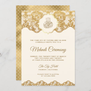 Zeremonie "Cream and Gold Foil Lace Islamic Mehndi Einladung