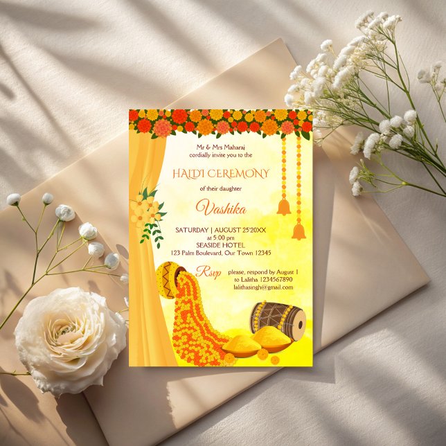 Zeremonie der indischen Hochzeit Einladung (Indian wedding haldi ceremony invitation cards template yellow marigolds haldi invitations)