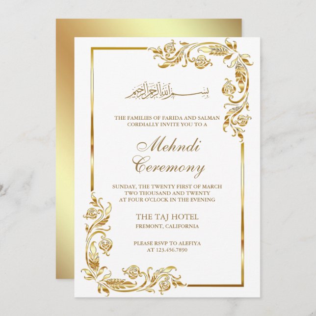 Zeremonie des Islamischen Mehndi-Ortes White Gold Einladung (Vorne/Hinten)