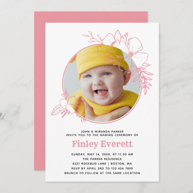 Zeremonie für die Benennung von Babyrahmen in Rosa Einladung (Vorne/Hinten)