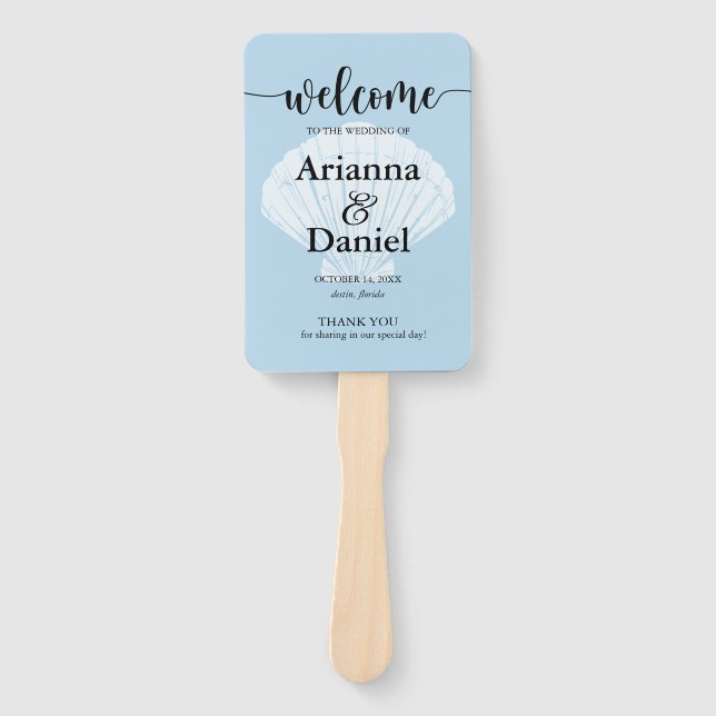 Zeremonie Programm Hand Fan Beach Seashell Fächer (Vorderseite)