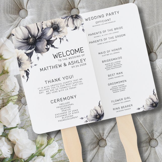 Zeremonie Programm Schwarz-weiße Blumenhochzeit Fächer (Ceremony Programs Boho Floral Black White Wedding Hand Fan)