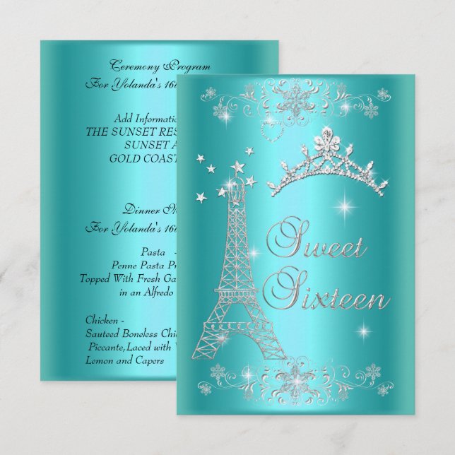 Zeremonie und Abendmenü Sweet 16 Aquamarin Blue Einladung (Vorne/Hinten)