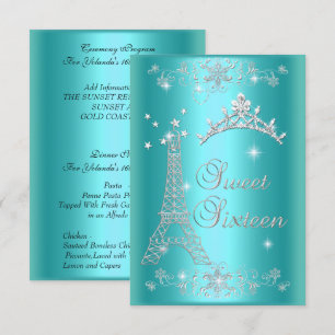 Zeremonie und Abendmenü Sweet 16 Aquamarin Blue Einladung