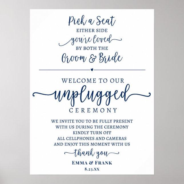 Zeremonie-Zeichen "Navy Blue Pick a Seat Unplugged Poster (Vorne)