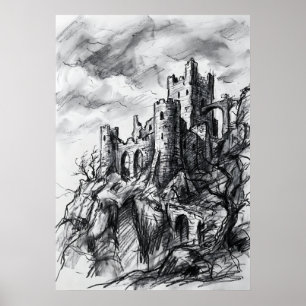 Zerfallende Burg Kohlezeichnung Poster