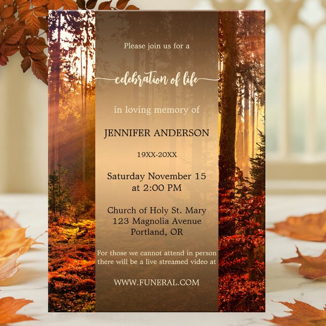 Zerfallswald-Feier zum Gedenken an das Leben Einladung (Memorial, funeral or celebration of life service invitation featuring a colorful autumn forest)