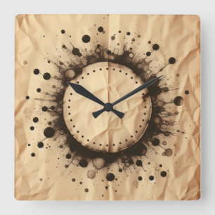 zerknittertes braunes Papier und Kaffeefleck Quadratische Wanduhr