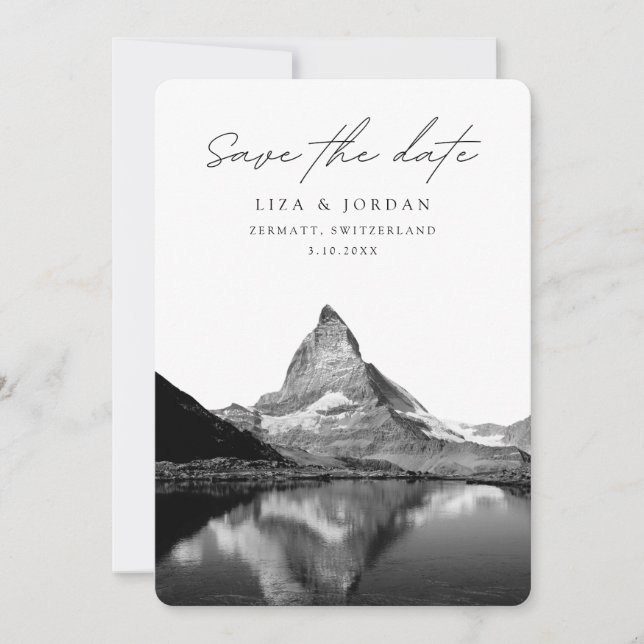 Zermatt Save the Date Schweiz Schwarz & Weiß Einladung (Vorderseite)