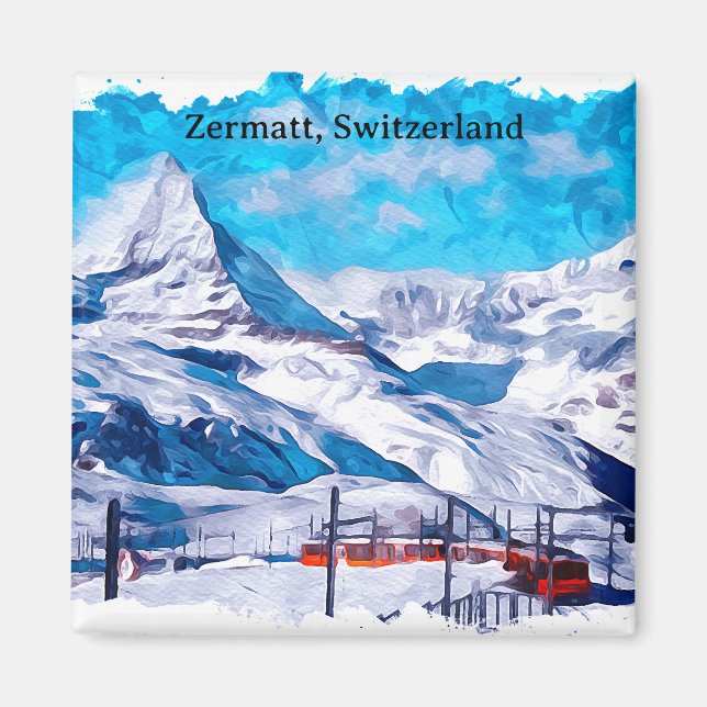 Zermatt Schweiz Schweizer Alpen Winter Wasserfarbe Magnet (Vorne)