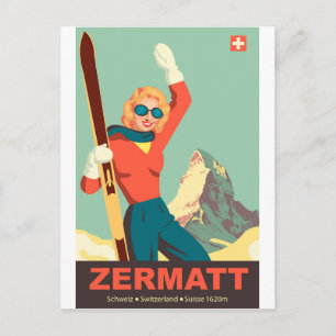 Zermatt Ski Girl, Schweiz Postkarte