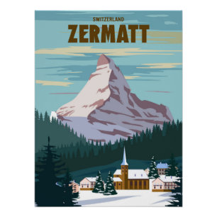 Zermatt Skigebiet Poster, retro, Alpen Winter Poster