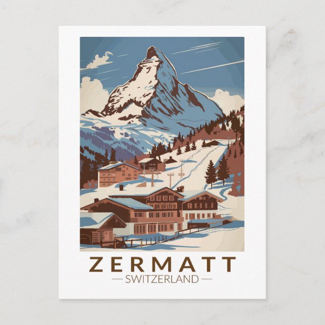 Zermatt Switzerland Illustration Reisen Art Retro Postkarte (Vorderseite)