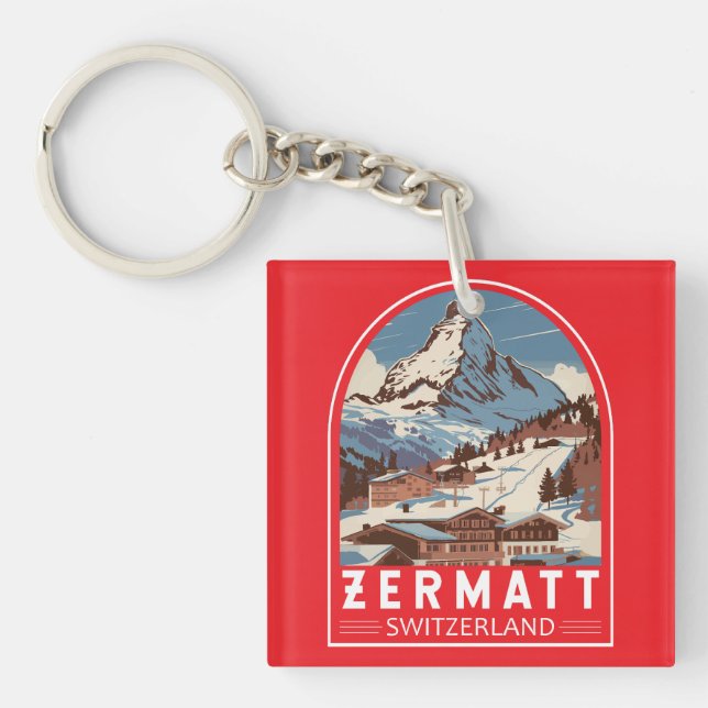 Zermatt Switzerland Illustration Reisen Art Retro Schlüsselanhänger (Vorderseite)