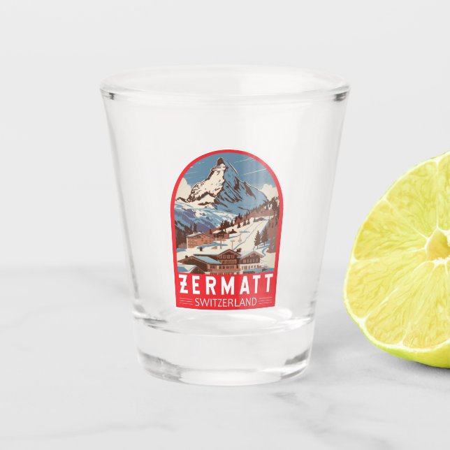 Zermatt Switzerland Illustration Reisen Art Retro Schnapsglas (Vorderseite)