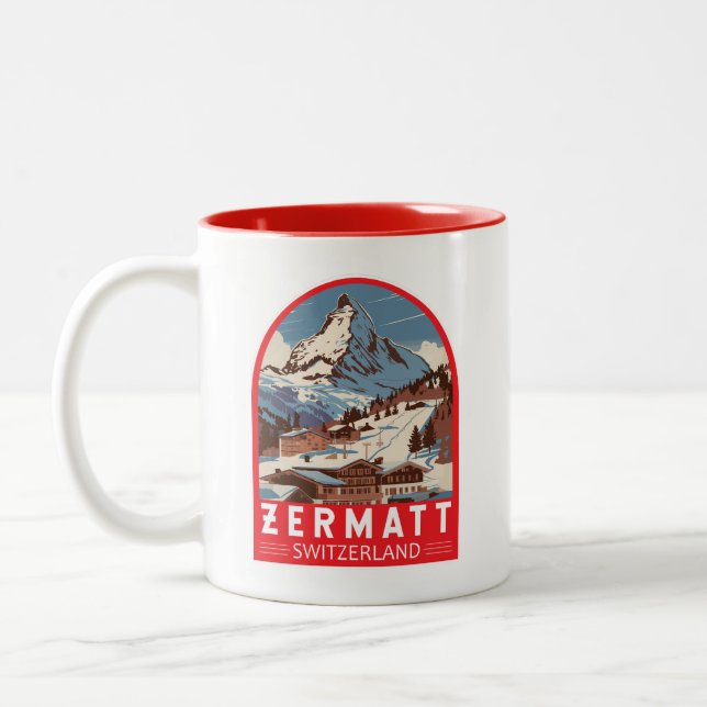 Zermatt Switzerland Illustration Reisen Art Retro Zweifarbige Tasse (Links)