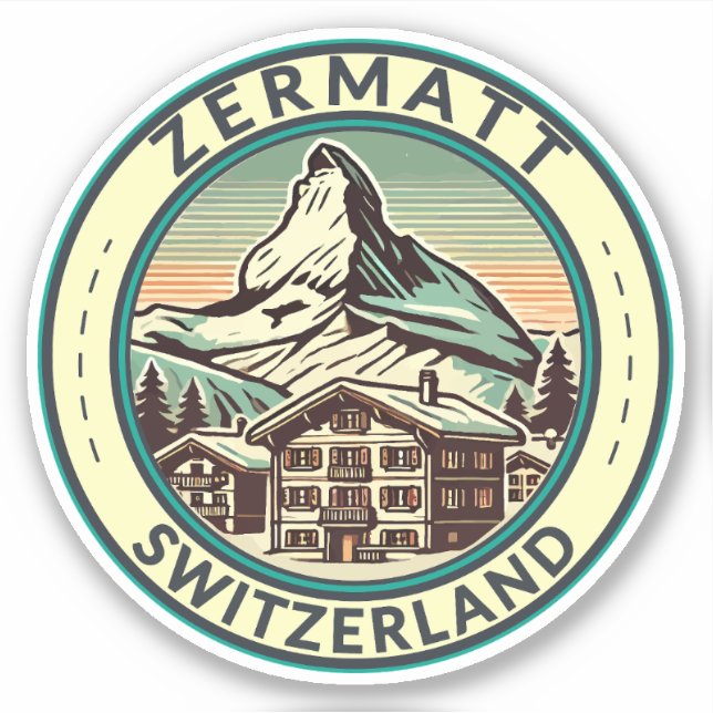 Zermatt Switzerland Illustration Travel Art Abzeic Aufkleber (Vorderseite)