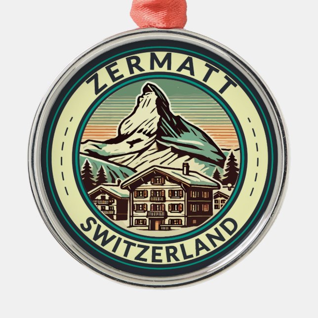 Zermatt Switzerland Illustration Travel Art Abzeic Ornament Aus Metall (Vorne)