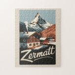 Zermatt Switzerland Reisen Vintag Puzzle<br><div class="desc">Zermatt Retrovektor-Reisedesign. Zermatt,  im Kanton Südschweiz,  ist ein Bergrestaurant,  das für Ski,  Klettern und Wandern bekannt ist.</div>