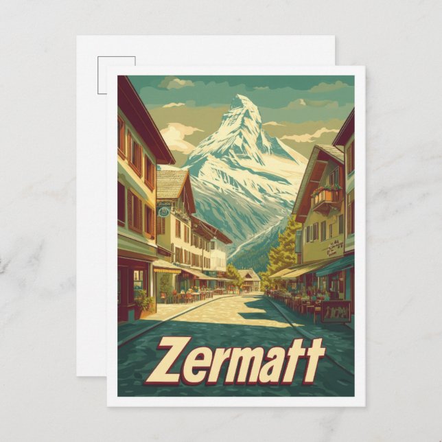 Zermatt Switzerland Vintage Travel Illustration Postkarte (Vorne/Hinten)