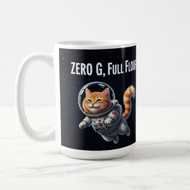 Zero G, Full Floof! Süße Weltraumkatze Kaffeetasse (Links)
