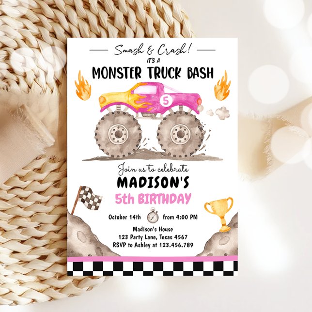 Zerschlagenes Monster Truck Bash Pink Girl Geburts Einladung (Von Creator hochgeladen)