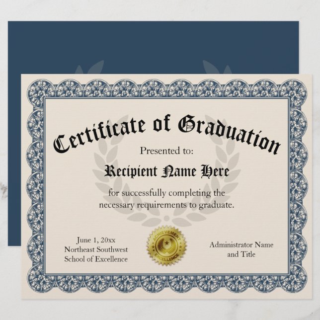 Zertifikat für Abschluss Blue Customizable 8.5x11 (Vorne/Hinten)