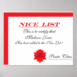 Zertifikat "Nice List" des personalisierten Weihna Poster