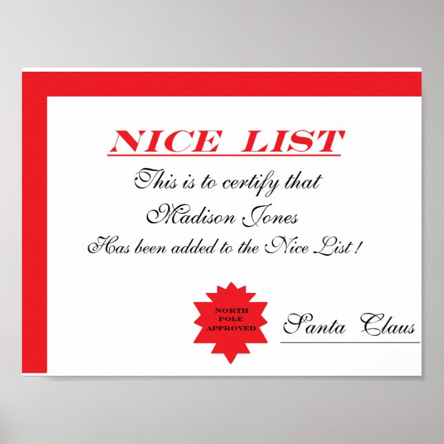 Zertifikat "Nice List" des personalisierten Weihna Poster (Vorne)