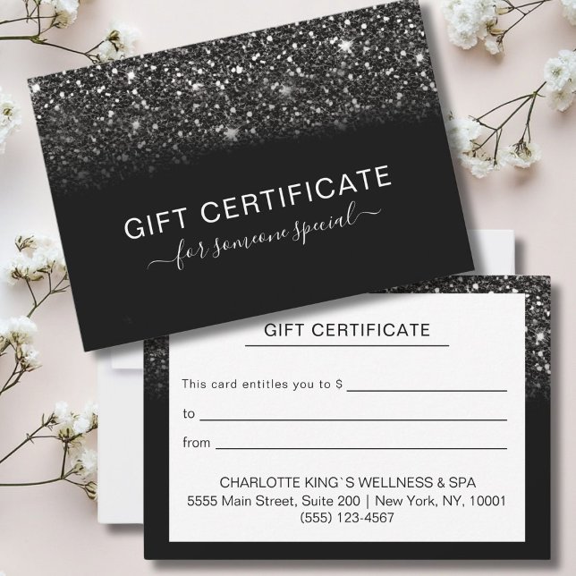 ZERTIFIZIERUNG DES modernen Black Glitzer-GESCHÄFT (Personalized Modern Black Glitter BUSINESS CERTIFICATE, black, silver glitter)