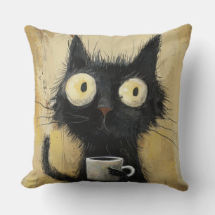 Zerzaustes schwarzes Katze mit Kaffee auf grungige Kissen